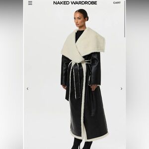 naked wardrobe Black Faux Leather Trench Coat with Cream Sherpa Collar